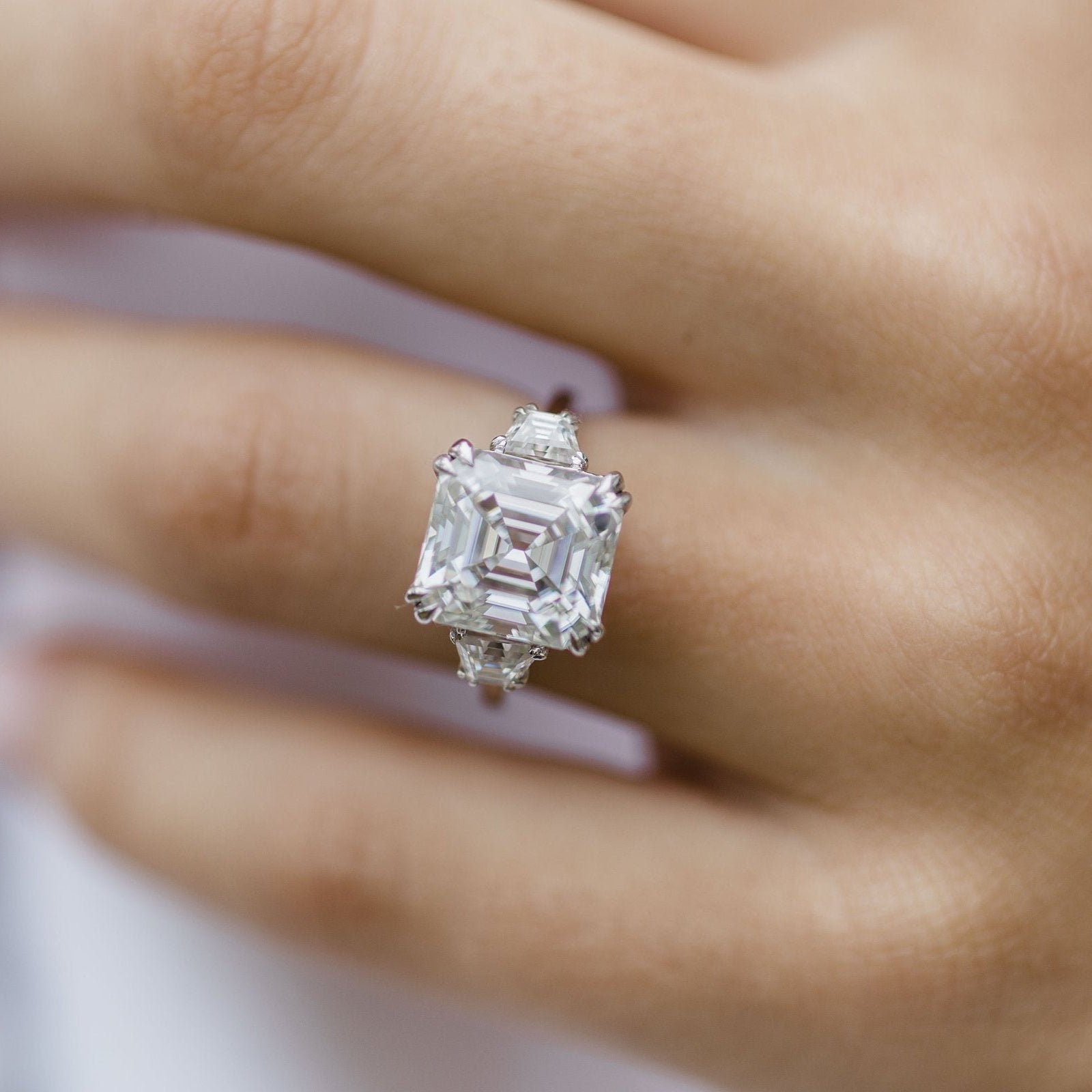 4.1 CT Asscher Three Stone Moissanite Engagement Ring