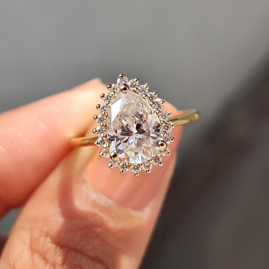 1.51 CT Pear Halo Moissanite Engagement Ring