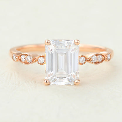 1.6 CT Emerald Shaped Moissanite Engagement Ring In Pave Design