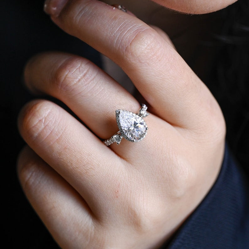 2.0 CT Pear Pave & Halo Moissanite Engagement Ring