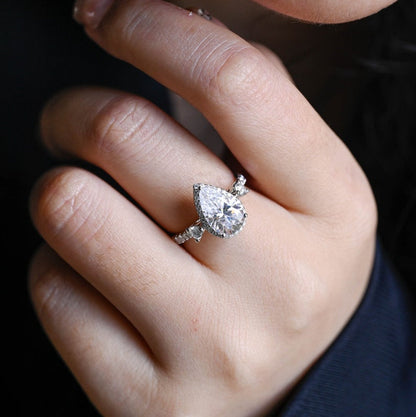 2.0 CT Pear Pave & Halo Moissanite Engagement Ring