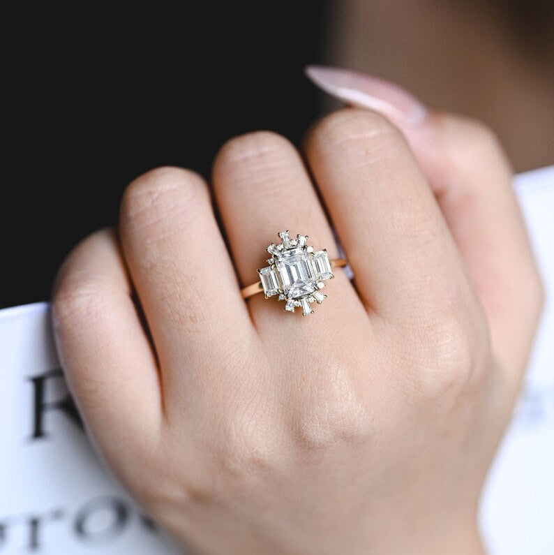 2.0 CT Emerald Cluster Moissanite Engagement Ring