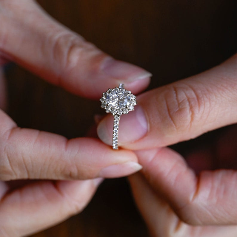 2.0 CT Oval Halo & Pave Moissanite Engagement Ring