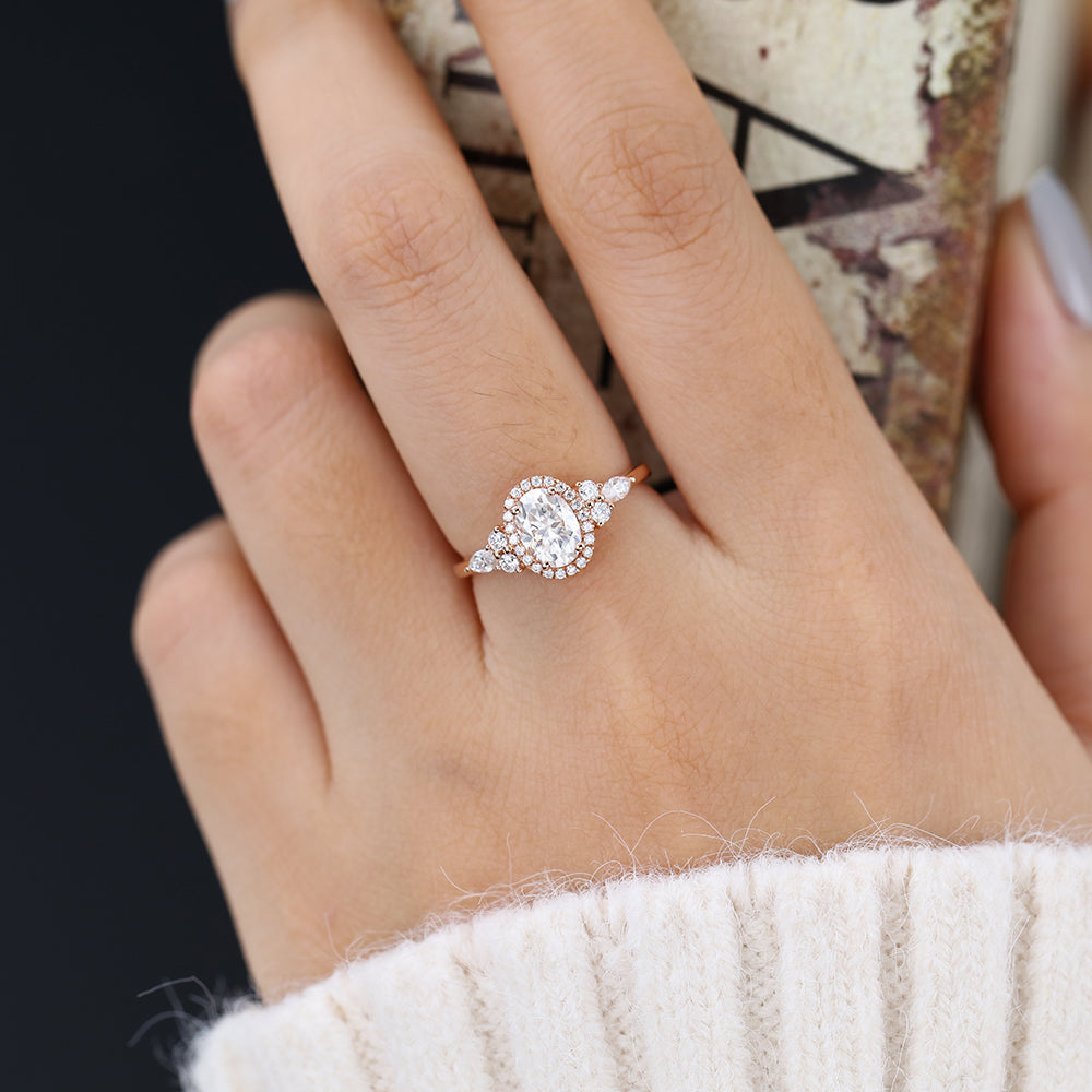 0.84 CT Oval Shaped Moissanite Engagement Ring In Cluster Design