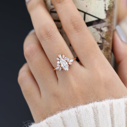 0.9 CT Marquise Shaped Moissanite Engagement Ring In Cluster Design