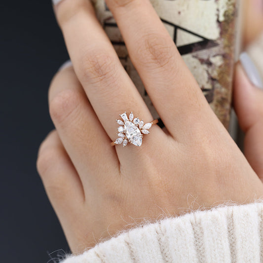 0.9 CT Marquise Shaped Moissanite Engagement Ring In Cluster Design