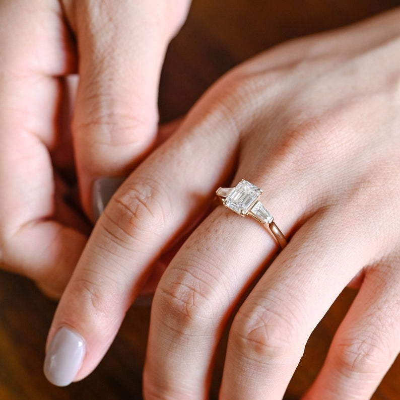 2.0 CT Emerald Three Stone Moissanite Engagement Ring