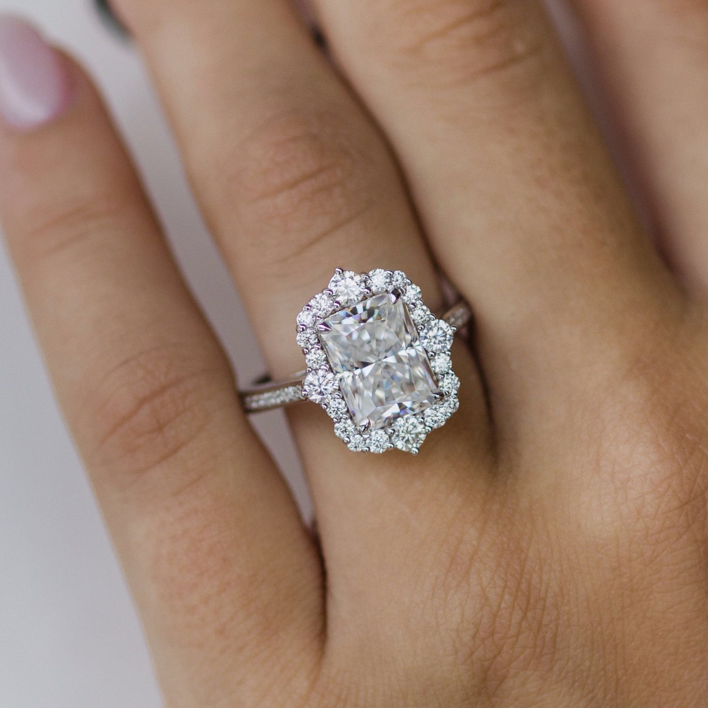 3.4 CT Radiant Halo & Pave Moissanite Engagement Ring