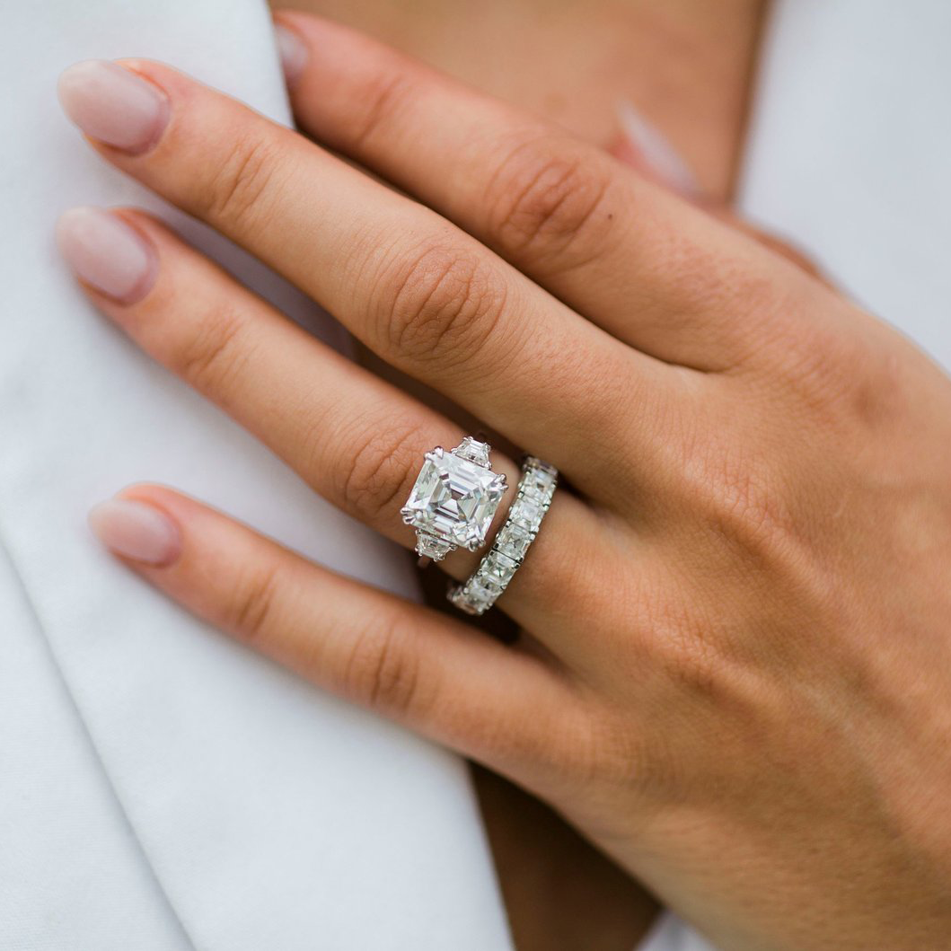 4.1 CT Asscher Three Stone Moissanite Engagement Ring