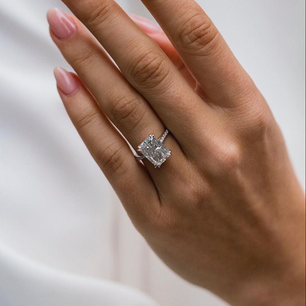 4.1 CT Radiant Hidden Halo & Pave Moissanite Engagement Ring