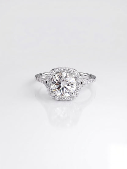 1.5 CT Round Halo & Pave Split Shank Solitaire Moissanite Engagement Ring