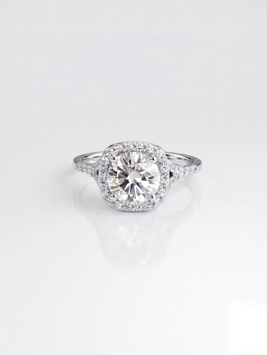 1.5 CT Round Halo & Pave Split Shank Solitaire Moissanite Engagement Ring