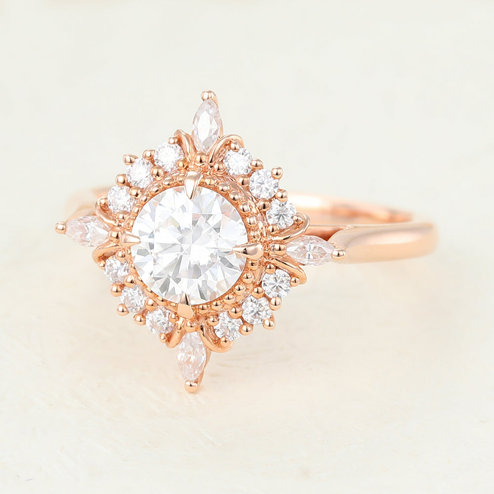 0.68 CT Round Shaped Moissanite Engagement Ring In Cluster Design