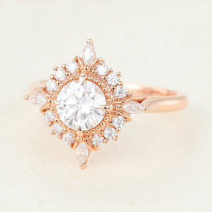 0.68 CT Round Shaped Moissanite Engagement Ring In Cluster Design