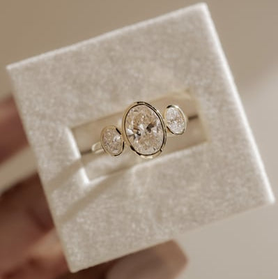 2 CT Oval Trilogy Three Stone Bezel Moissanite Engagement Ring