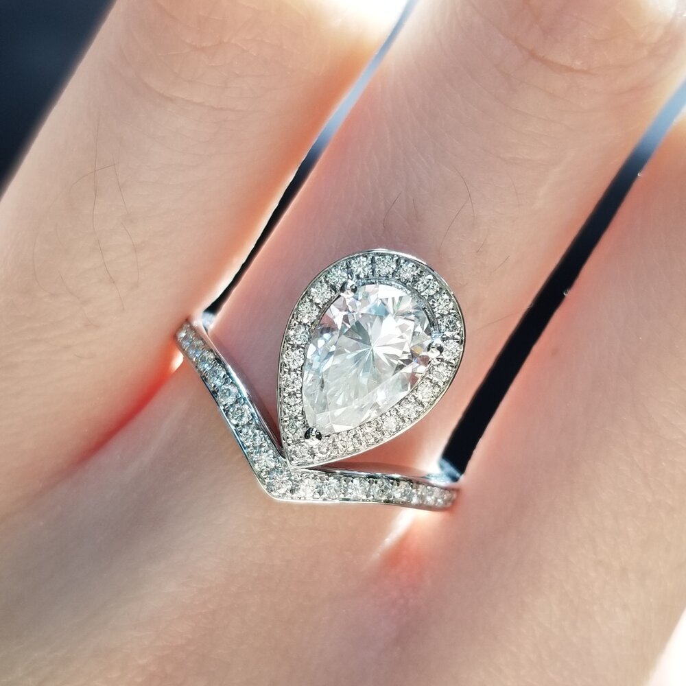 1.5 CT Pear Halo & Pave Moissanite Engagement Ring