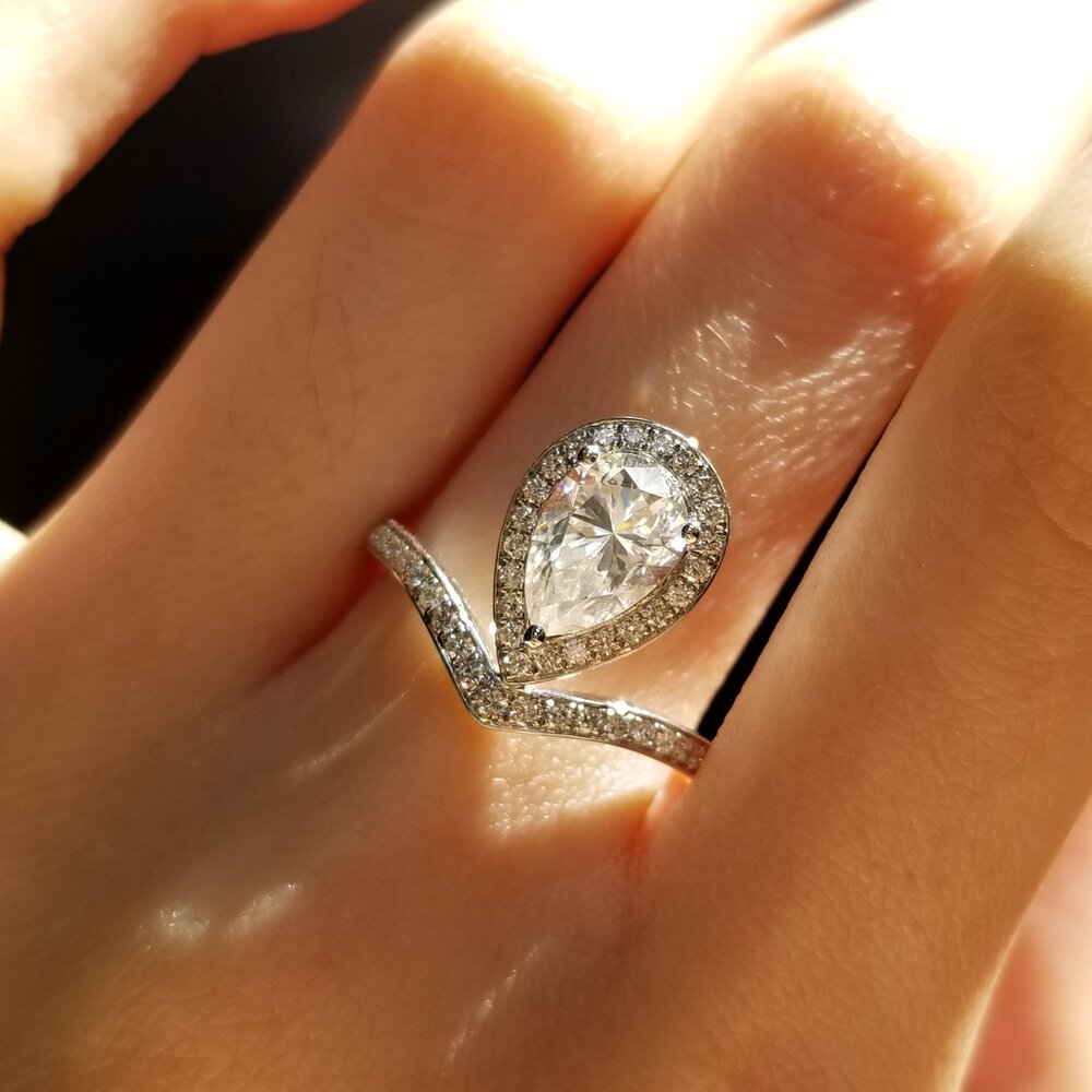 1.5 CT Pear Halo & Pave Moissanite Engagement Ring