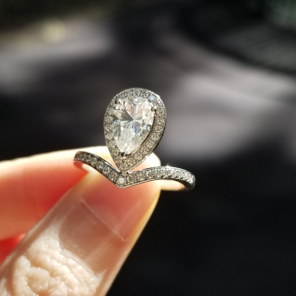1.5 CT Pear Halo & Pave Moissanite Engagement Ring
