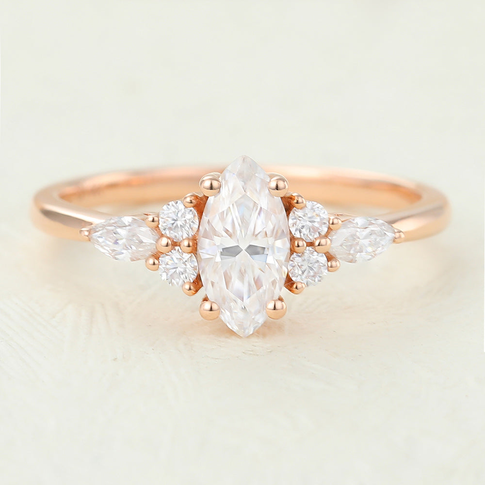 0.47 CT Marquise Shaped Moissanite Engagement Ring In Cluster Design