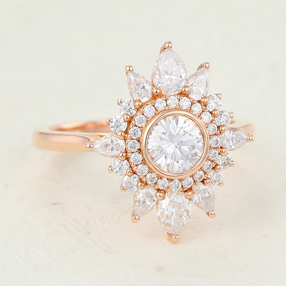 0.41 CT Round Shaped Moissanite Engagement Ring In Cluster Halo Design