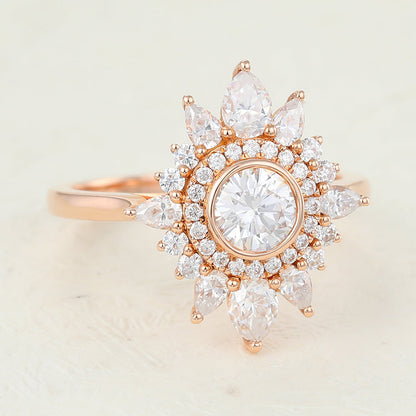 0.41 CT Round Shaped Moissanite Engagement Ring In Cluster Halo Design