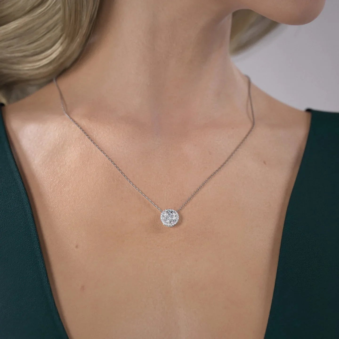 2 CT Round Shaped Moissanite Necklace In Halo Design