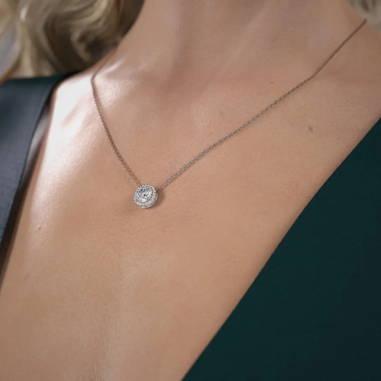 2 CT Round Shaped Moissanite Necklace In Halo Design