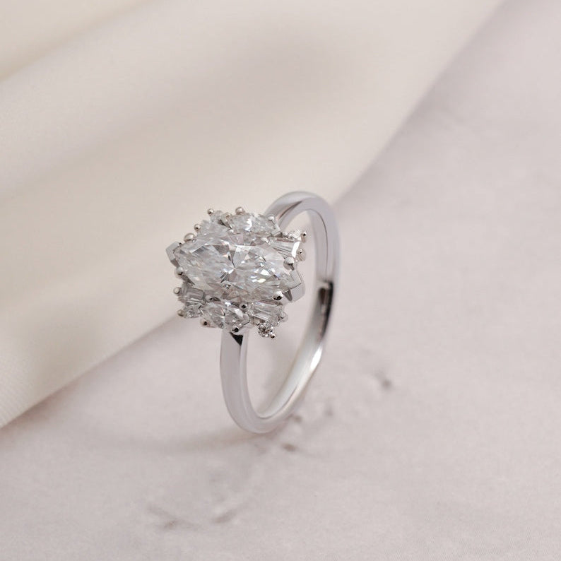 2.0 CT Marquise Cluster Moissanite Engagement Ring