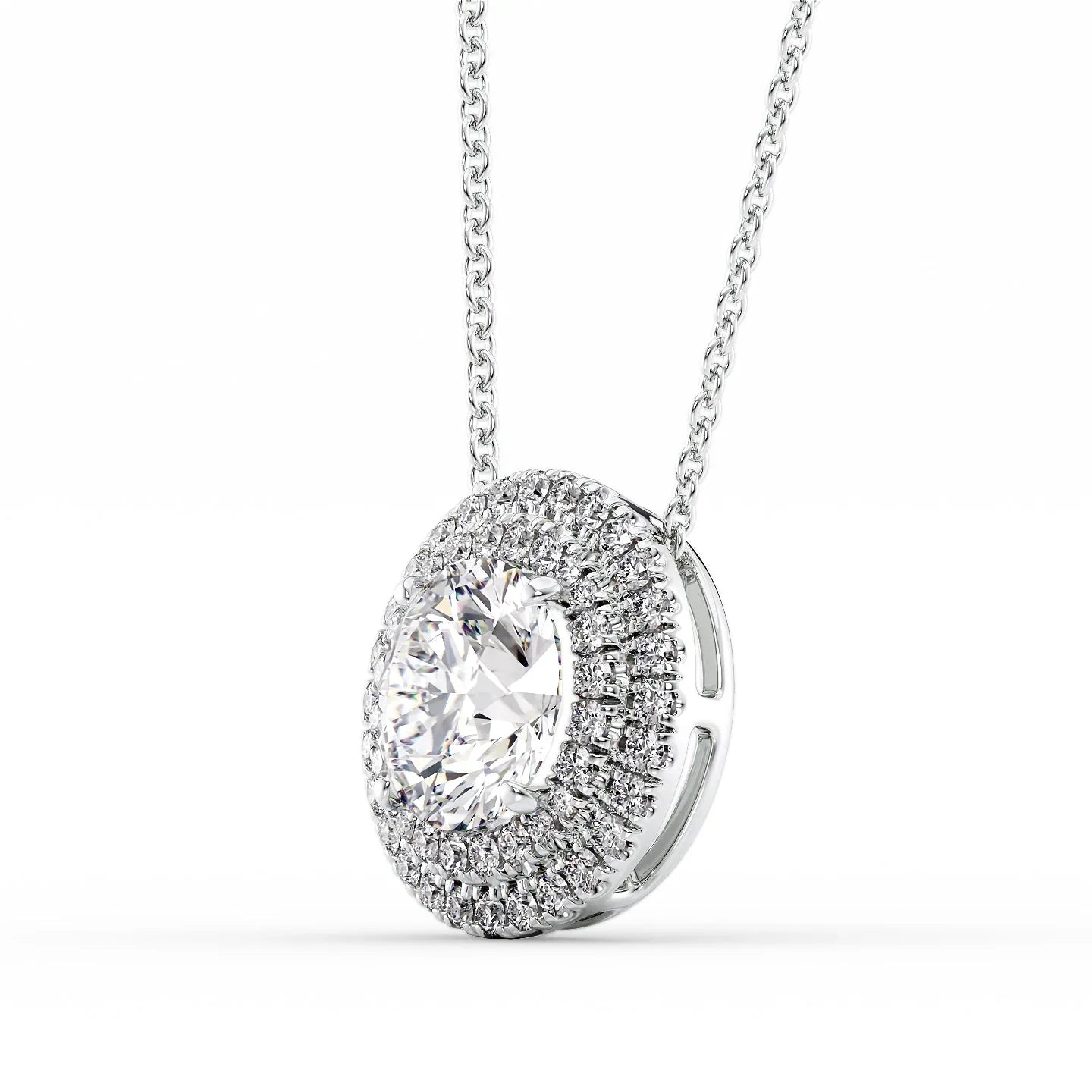 2 CT Round Shaped Moissanite Necklace In Double Halo Design