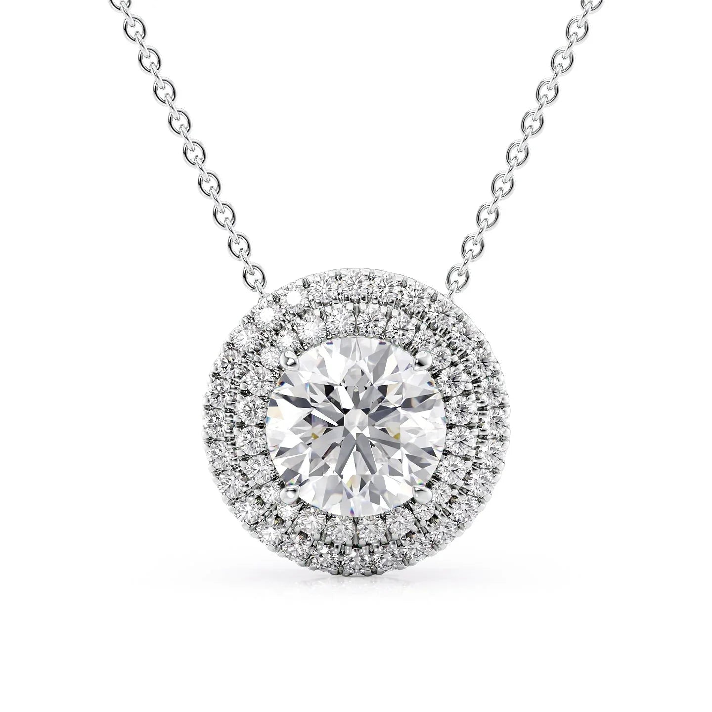 2 CT Round Shaped Moissanite Necklace In Double Halo Design