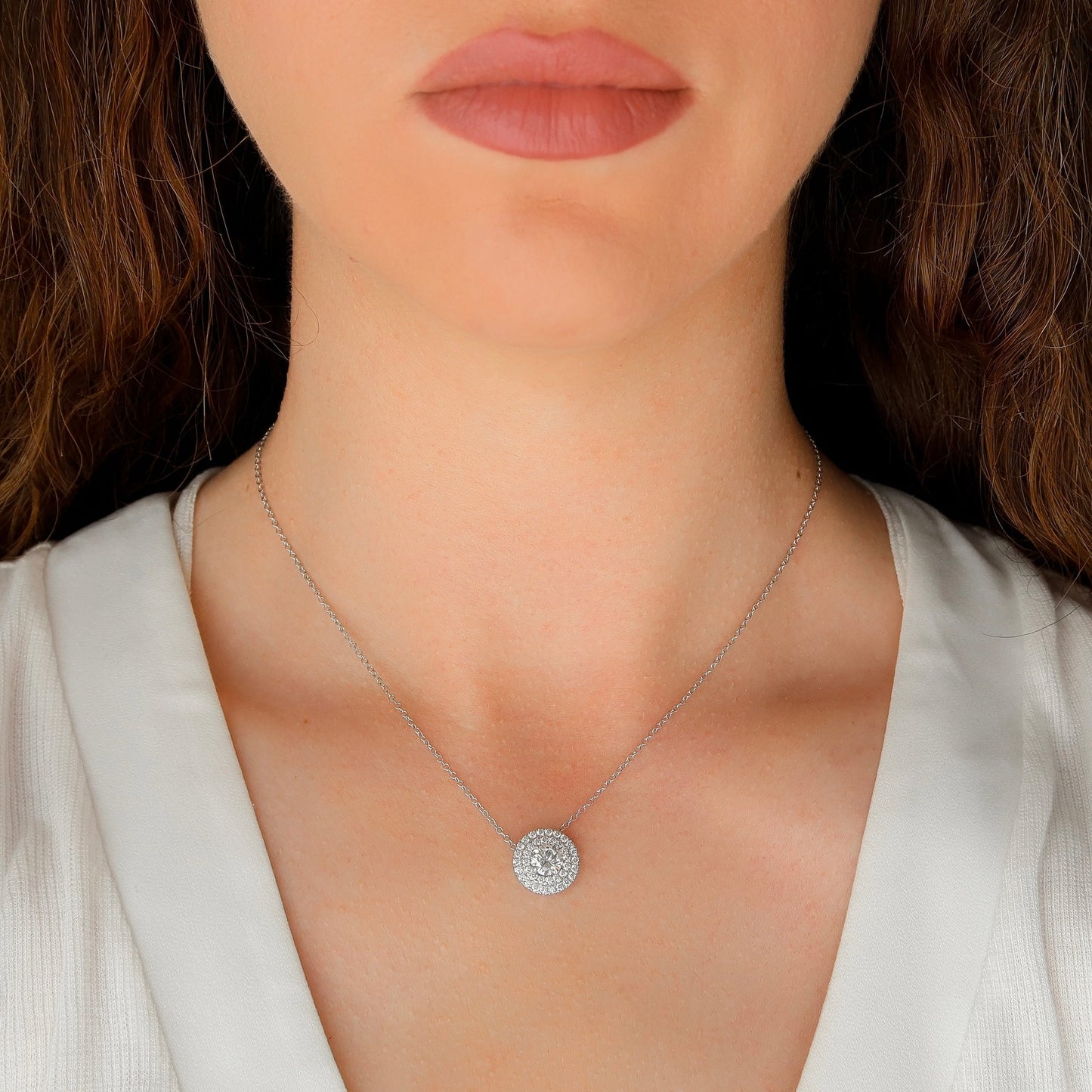 2 CT Round Shaped Moissanite Necklace In Double Halo Design