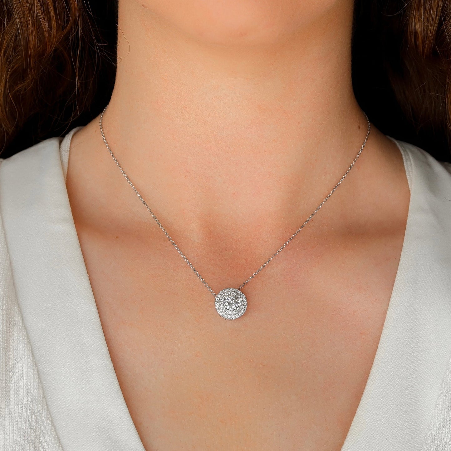 2 CT Round Shaped Moissanite Necklace In Double Halo Design