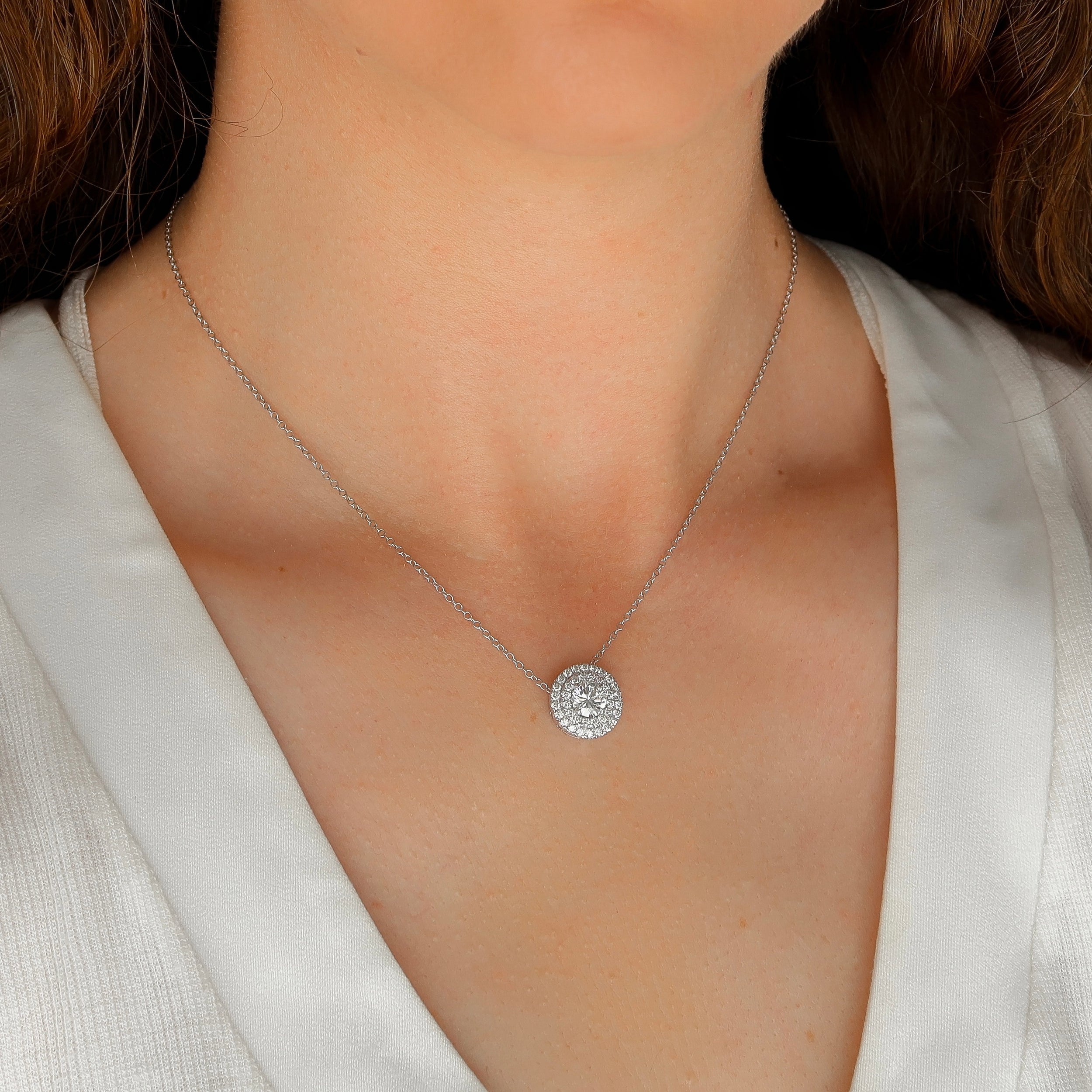 2 CT Round Shaped Moissanite Necklace In Double Halo Design