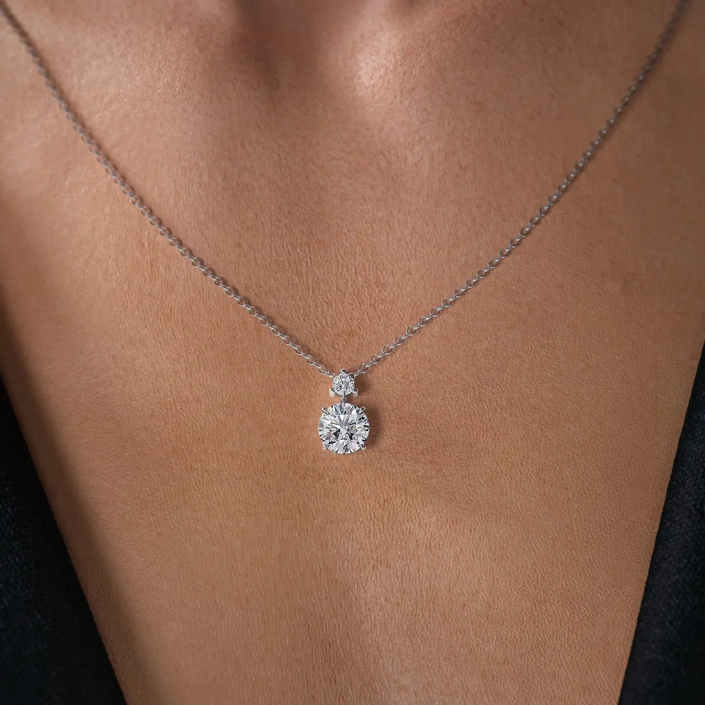 2 CT Round Shaped Moissanite Necklace In Two Stone Design