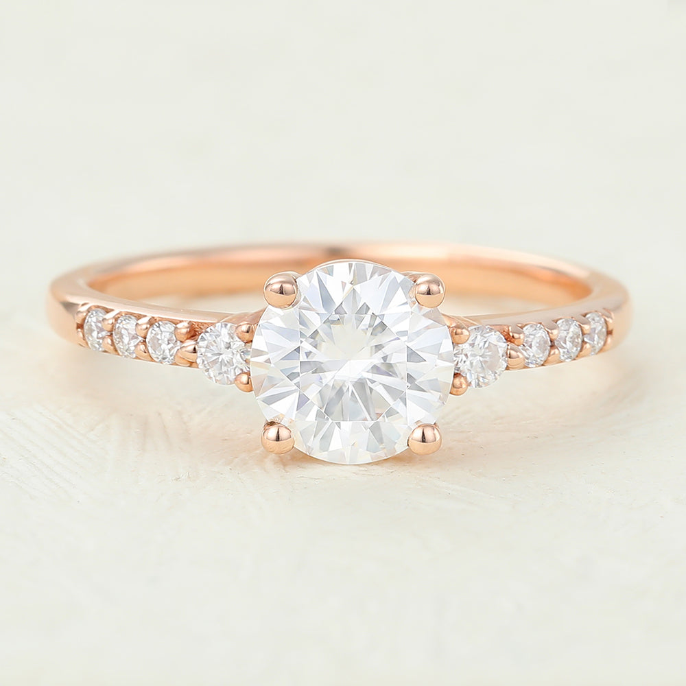 0.88 CT Round Shaped Moissanite Engagement Ring In Three Stone Design