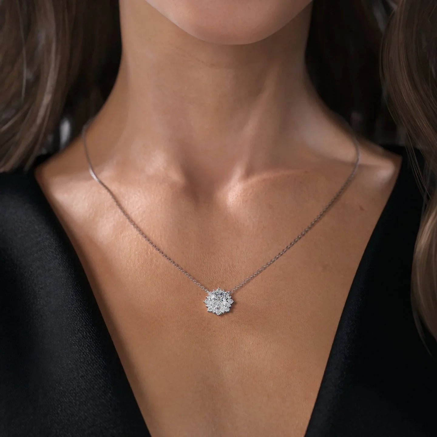 2 CT Round Shaped Moissanite Necklace In Cluster Design