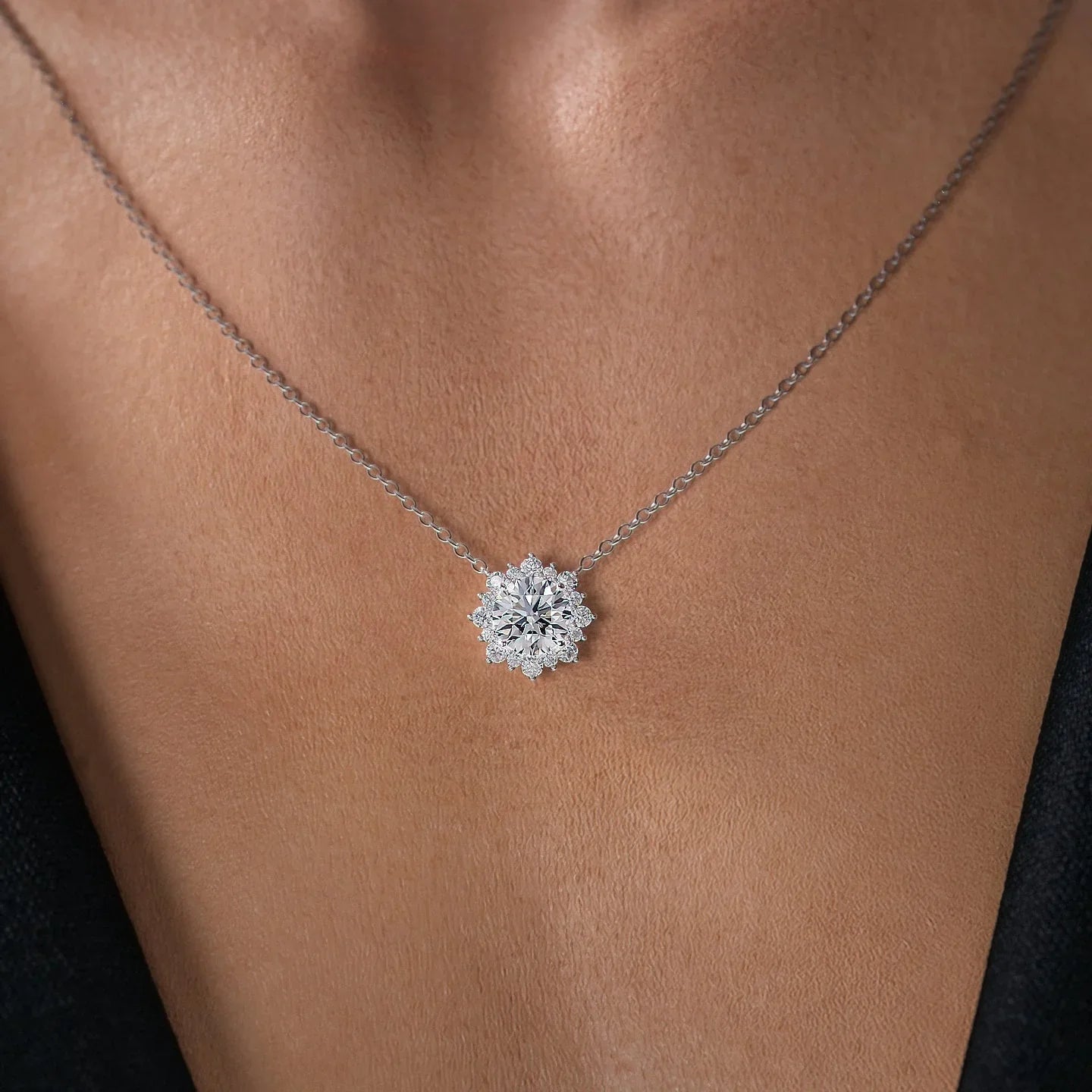 2 CT Round Shaped Moissanite Necklace In Cluster Design