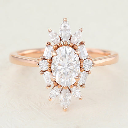 0.84 CT OVal Shaped Moissanite Engagement Ring In Cluster Design