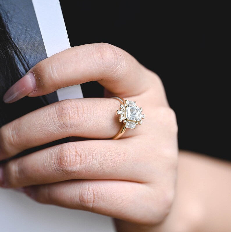 2.0 CT Emerald Cluster Moissanite Engagement Ring