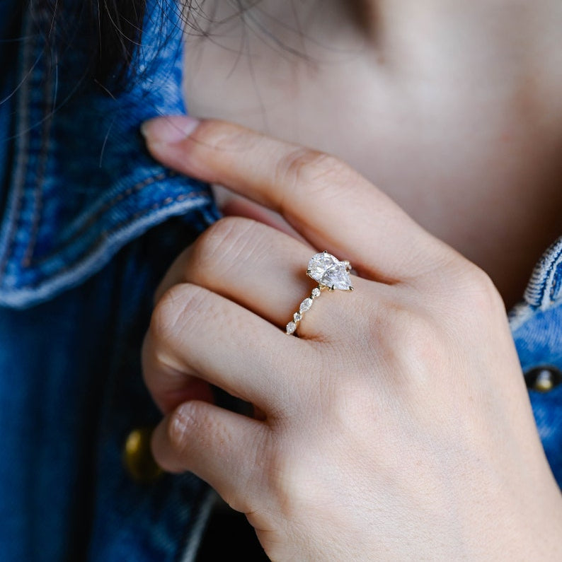 2.0 CT Pear Pave Moissanite Engagement Ring