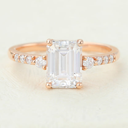 1.6 CT Emerald Shaped Moissanite Engagement Ring In Three Stone Design