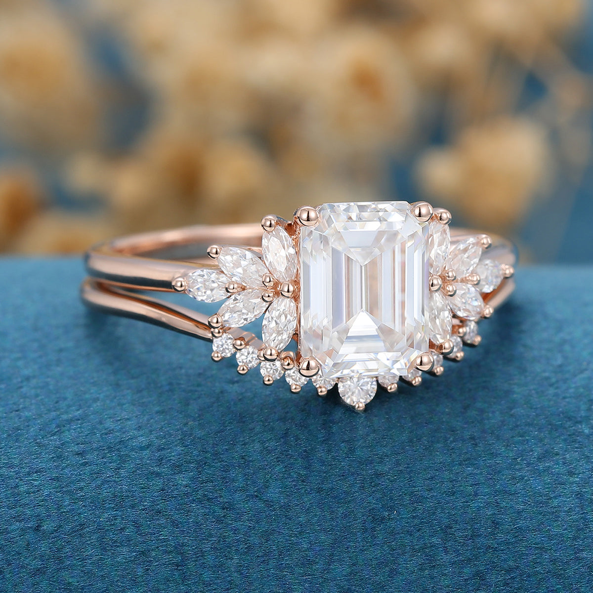 1.6 CT Emerald Cluster Moissanite Bridal Set