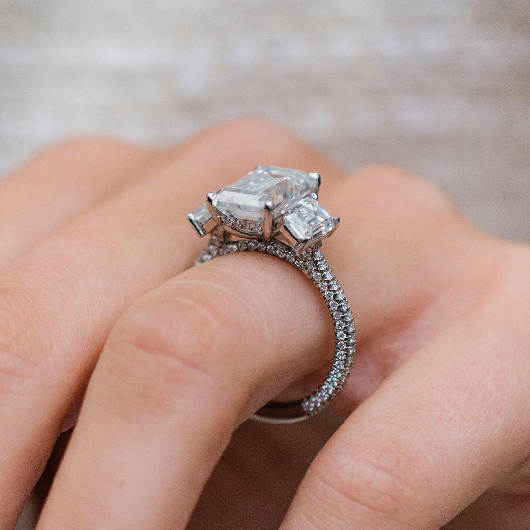 3.8 CT Emerald Three Stone & Pave Moissanite Engagement Ring