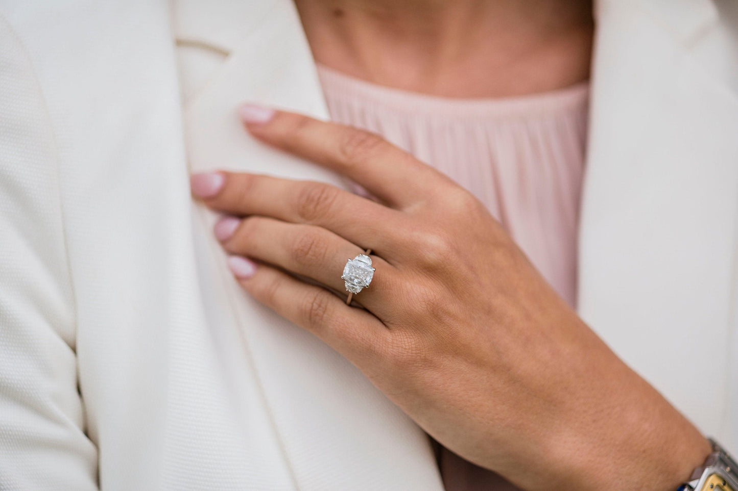 2.5 CT Elongated Cushion Three Stone Moissanite Engagement Ring