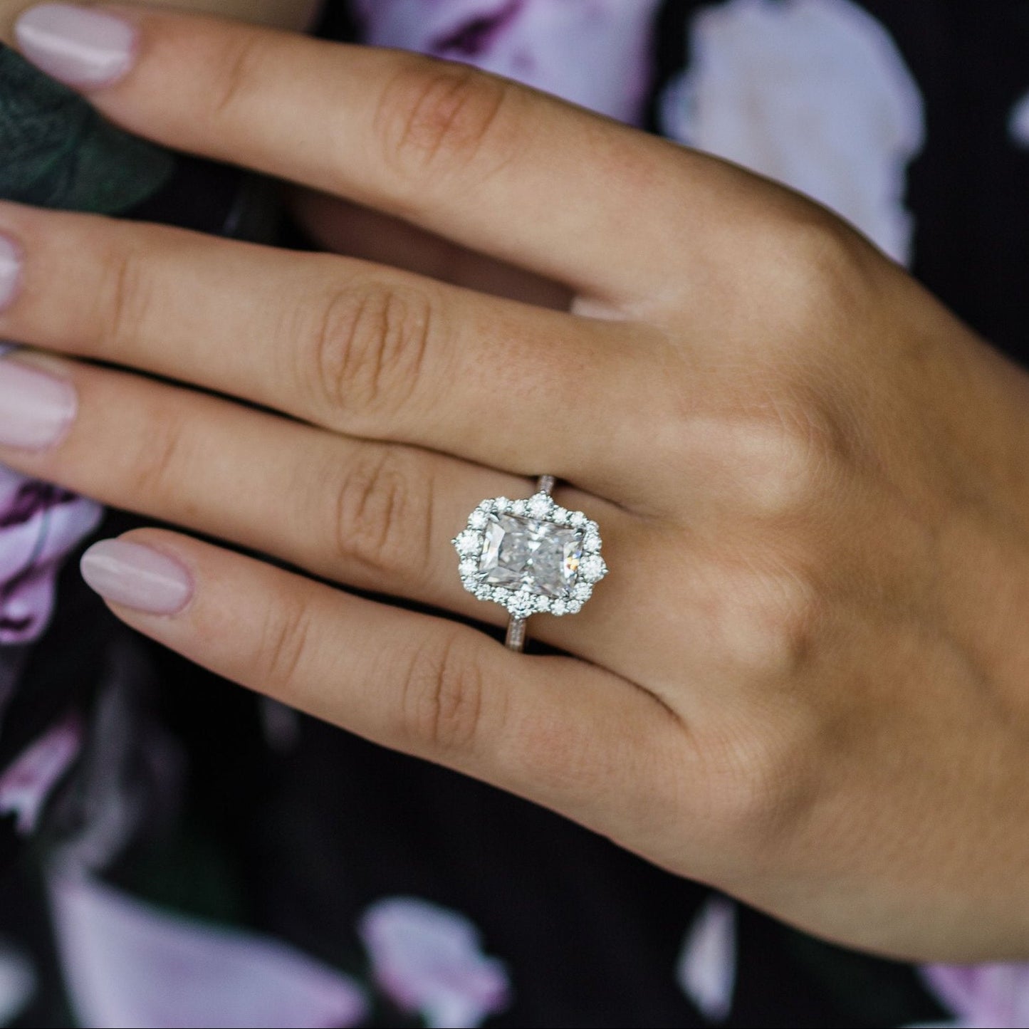 3.4 CT Radiant Halo & Pave Moissanite Engagement Ring