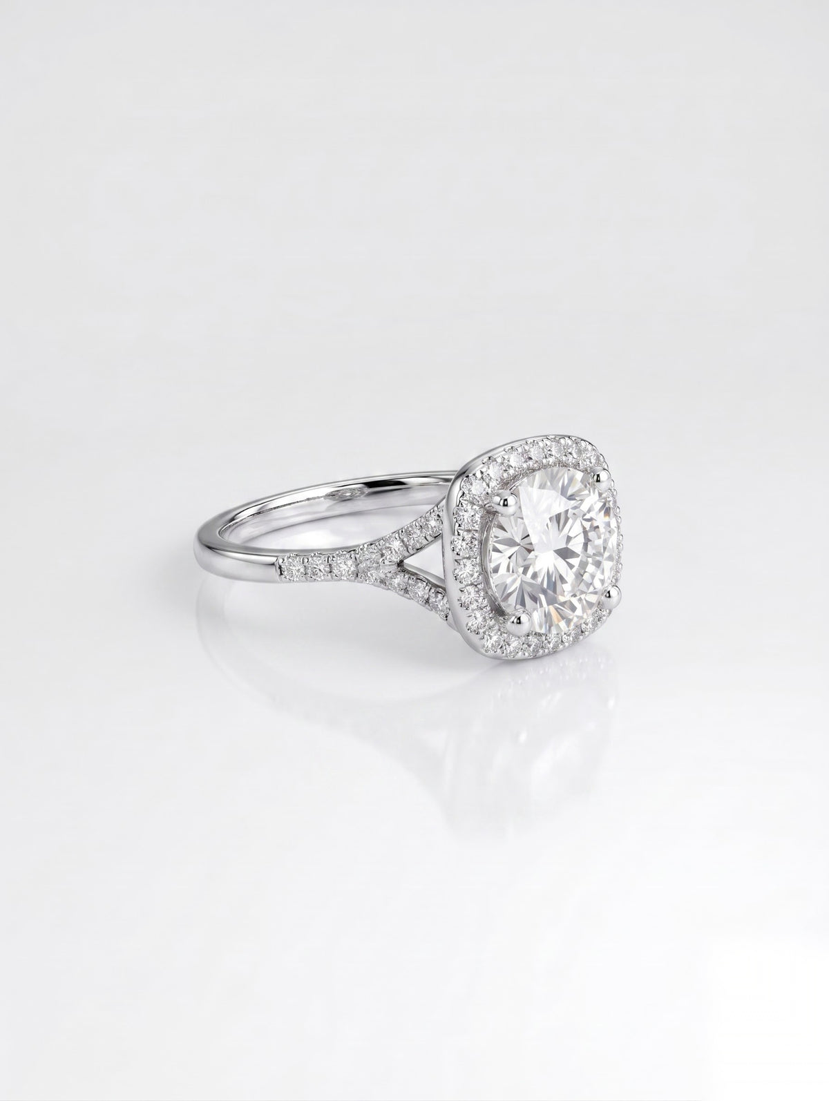 1.5 CT Round Halo & Pave Split Shank Solitaire Moissanite Engagement Ring
