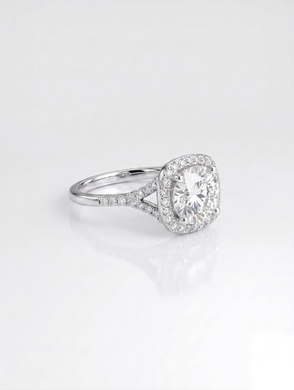 1.5 CT Round Halo & Pave Split Shank Solitaire Moissanite Engagement Ring
