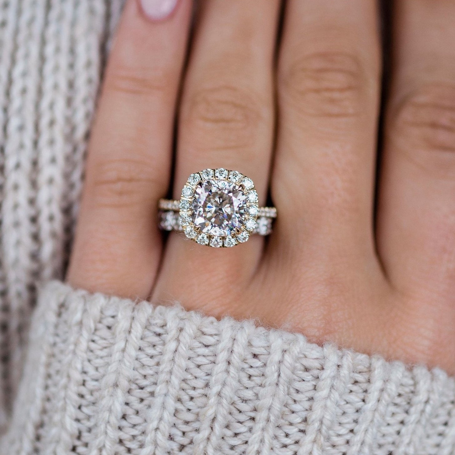 4 CT Cushion Halo & Pave Moissanite Engagement Ring