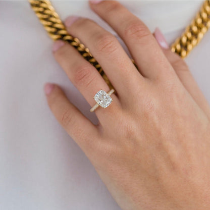 3.2 CT Elongated Cushion Hidden Halo & Pave Moissanite Engagement Ring