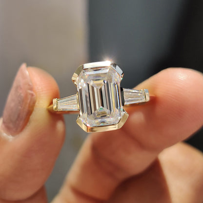 2.96 CT Emerald Half Bezel Three Stone Moissanite Engagement Ring